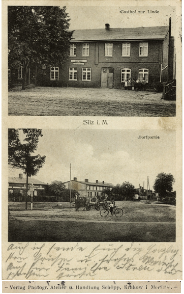 Photographisches Atelier und Handlung Schöpp, Krakow in Mecklenburg. Gasthof zur Linde, Silz i. M.; Ansichtskarte, 1934 gelaufen